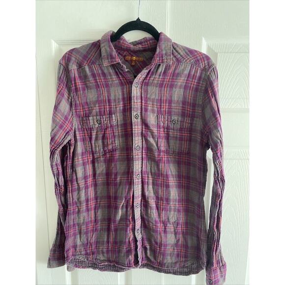 7‎ For All Mankind Womens Small Purple Plaid Gauzy Button Down - Picture 1 of 6